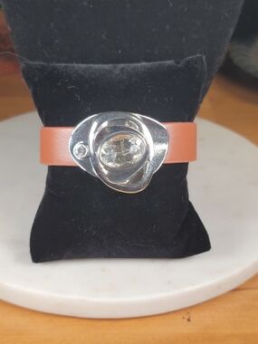 Rhinestone Accent Tan Leather Snap Bracelet